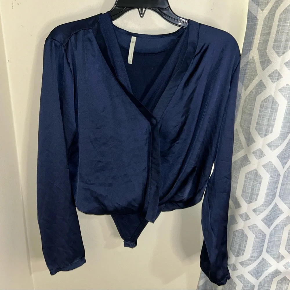 Leonisa satin wrap bodysuit navy blue